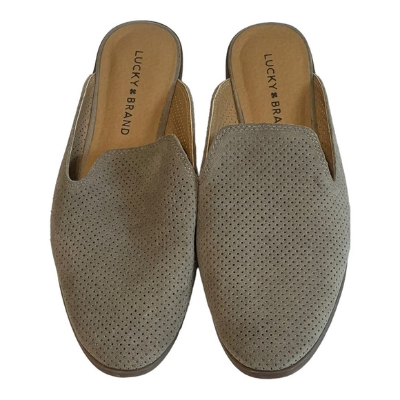 Lucky Brand Coryna Mules Gray Perforated Suede Round Closed Toe Slides 8/38.5 - Picture 1 of 6